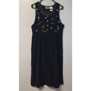 Erika &‎ Co Womens Small Black Corduroy Christmas Jumper Dress Embroidered VTG